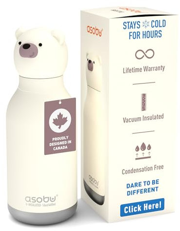 asobu Bestie Borraccia termica in acciaio inox, con testa a forma di animale morbido, rimovibile, per bambini e ragazzi, con cannuccia flessibile, riutilizzabile, da 40 ml (orso)