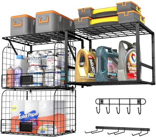 ThreeHio Garage Shelf Wall Mounted with Wire baskets, Heavy Duty Garage Wall Shelving with Garden Tool Rack and Hooks, Wire Shelf Baskets Tool Organizer for Home Garden Yard Organization and Storage