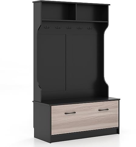 GYMAX Armadio con Appendiabiti, Appendiabiti con Panca, 5 Ganci, Armadio Guardaroba per Ingresso, Camera da Letto e Corridoio, 100 x 40 x 160 cm (Nero)