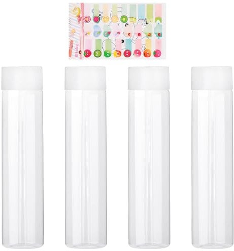 4 Bouteilles Cylindriques en Plastique Transparent Avec Couvercles Blancs - 1 Autocollant de Fruits - Pour Jus, Lait - Réutilisables - Conteneurs de Boissons