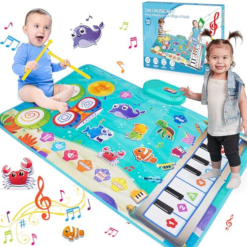 Musical Toys for 1 2 3 Year Old Boys Girls, 3 in 1 Animal Musical Mat with 19 Sounds & Rcording Function Toddler Toys 1 2 3 Year Old Girl Boy Gifts, 1st Birthday Gifts for Boy Girls Educational Toys