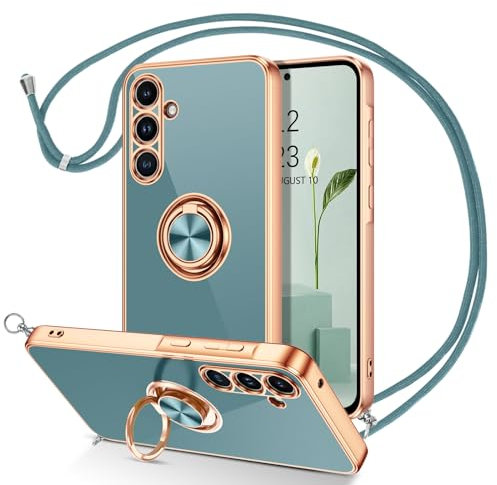 DUEDUE Coque pour Samsung A55 Cordon avec Anneau Rotatif, Protection Caméra Souple Fine Doublure Microfibre, Coque Bague avec Corde Bandoulière Lanière Réglable pour Samsung Galaxy A55 5G, Vert