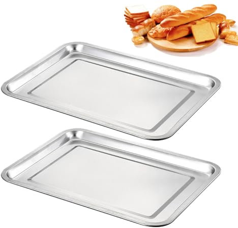 Vassoio da forno in acciaio inox, 2 pezzi vassoio da forno 32x22x2cm, Rettangolare forno vassoio torta, Vassoio per cottura arrosto di servizio, Versatile piastra rettangolare addensato
