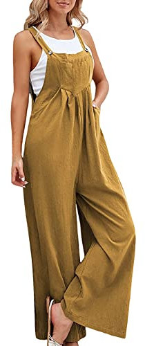 Latzhose Damen Weite Bein Schlag Jumpsuit mit Tasche Loose Fit Baggy Playsuits Sommer Boho Strampler Ärmellos Riemchen Overalls Lang Casual Romper Adjustable Bib Pants