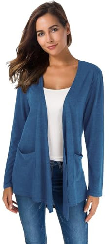 TownCat Gilet Long Femme Élégante Devant Ouvert Longues Manches avec Poche Veste Décontractées et Respirantes Mode Manteau Couleur Unie Polyvalente Bleu XL