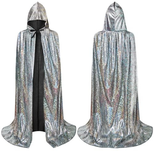 AYBUY Mantello Glitterato, 150cm Mantello con Cappuccio, Mantelli Lungo Adulto Costume di Halloween Capo Masquerade Costume di Natale Cosplay Costume(Argento)