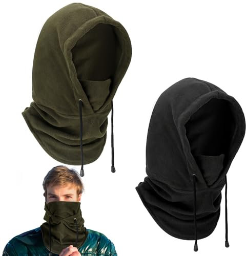 GSrenyu 2 Pack Balaclavas for Men Winter, Black Army Green Polar Fleece Balaclava Ski Mask, Unisex Neck Warmer Snood, Heavyweight Windproof Hat with Neck Cover for Winter Outdoor Sports