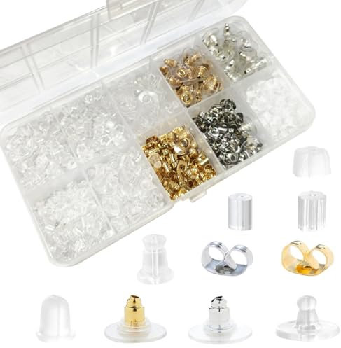 AESDOX 10 Stile, 800+ Stück Ersatz-Ohrringverschlüsse, Hypoallergene Ohrringverschlüsse aus Metall, Gummi und Silikon für Ohrstecker mit Angelhaken