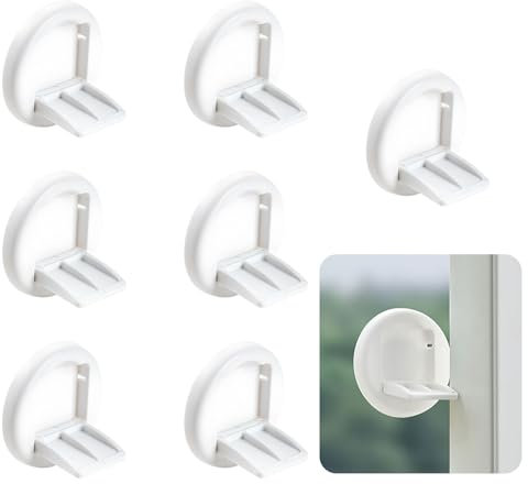 Roucerlin 8 Pcs White Sliding Glass Door Lock Pet Proof, Self Adhesive Round Window Locks Security Stopper for Up and Down Windows, No Drilling Small Door Handle for Patio Closet Cabinet