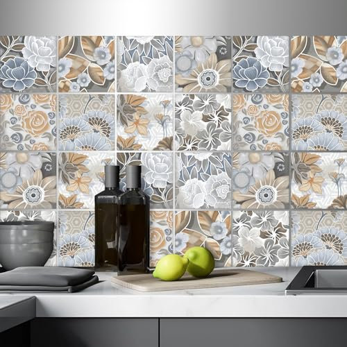 AREDE 32 x Feuilles Mural Stickers Carrelage 2D Imperméables Carreau de Ciment Adhesif, Autocollants Carreaux Dosseret pour Cuisine, Salle de Bain la Décoration à la Maison / 15 x 15 cm / T1016