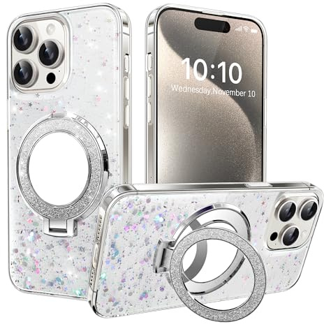 IMIRST Glitter Case for iPhone 16 (6.1'') Sparkle Soft Drip Plating Cosmetic Mirror Pouch with Big Ring Holder Stand Girly Women Gradient Phone Cover for Apple iPhone 16. DJ Silver