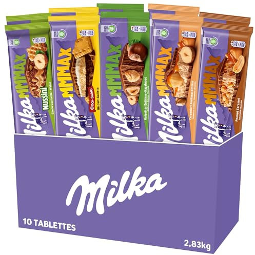 MILKA MMMAX - Lot de 10 Tablettes - 2 x 5 Recettes : Cacahuètes Caramel, Caramel et Noisettes Entières, Lait Noisettes Entières, Nussini, Choco-swing - Lot de 2,83kg