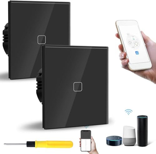 Acmerota WIFI Smart Light Switch Touch 1 Gang 1 Way Black Glass Panel Pack of 2, Single Gang Smart Light Switch, Compatible with Alexa & with Google Home Voice/App Control Sharing Wifi Switch