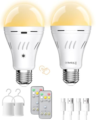 Shiptree Ampoule Rechargeable USB-C avec Telecommande, E27 7W Ampoule Sans Fil Tactile Dimmable avec Batterie 2600mAh Trois Températures de Couleur t(3000/4000/6000K) - Intérieur et Extérieur