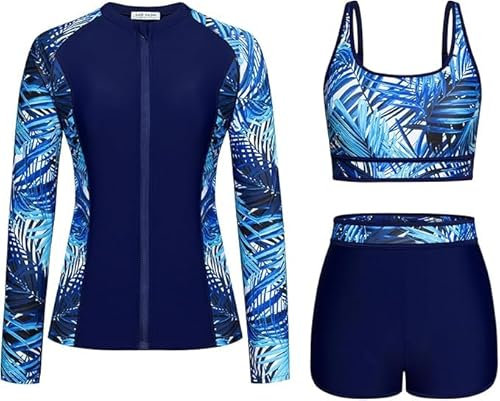 Kate Kasin 3 Piece Swimwear Set for Women Long Sleeve UV Protection Jacket Padded Bikini Top Boy Shorts for Swimming Navy Blue-Blue Leaf L