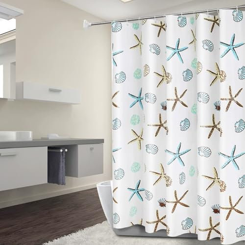 Cortina de Baño Impermeable,180x200cm Cortina Ducha Impermeable,Starfish Cortina de Ducha Antimoho,Starfish Lavable Cortinas de Baño con 12 Ganchos,Cortina Bañera para Dormitorio/Familia/Apartamento