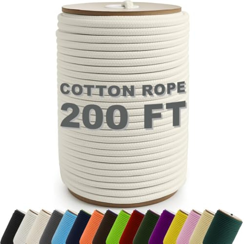 PerkHomy 200 Feet Cotton Rope 3/16 (5mm) Multi Purpose Utility Diamond Braided Cord, Natural Cotton for Clothes Line Camping Crafting Flag Pole, Natural White