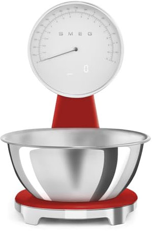 Smeg, Balance de Cuisine Numérique et Analogique KSF01RDWW, Bol Amovible en Acier Inox de 1,8 L, Quatre Unités de Mesure g/ml et lb.oz/fl.oz, avec Fonction Tare, Capacité Maximale 5kg, Rouge