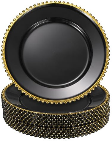 sourcing map 12pcs Clear Charger Plates Bulk, 13 Plastic Round Charger Plates with Bead Trim Dinner Dessert Plate for Wedding Party Event Table Setting Decoration, Gold On Black