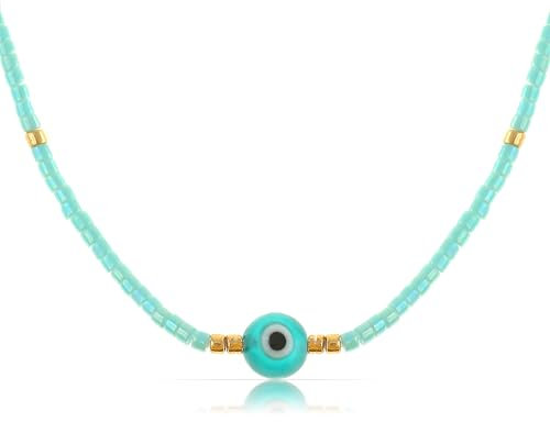 Made by Nami Halskette Damen Glas Perlenkette Damen in Weiß Türkis oder Lila mit Nazar Boncuk Perle Wasserfester Schmuck Hippie Schmuck 40 + 5 cm (Türkis)