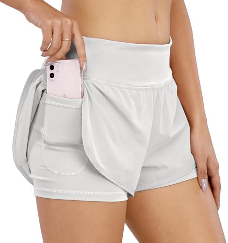 COTOP Laufhose Damen Kurz, 2 in 1 Sporthose Kurze Sommer mit Tasche, Midwaist Sport Shorts Teenager Mädchen mit Elastisch Unterhose für Volleyball, Joggen, Gym (Weiß M)