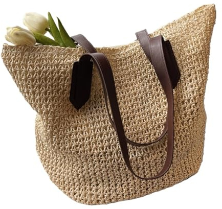 Strohtaschen Damen Damen Schultertasche Stroh Strand Gewebt Große Lässige Häkeltasche Einkaufstaschen(Beige)
