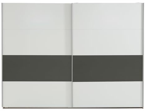 möbelando Schwebetürenschrank >Bert< in Weiß und Graphit ? Modernes Design, 270 cm Breite x 208 cm Höhe x 65 cm Tiefe, mit 3 Einlegeböden und 3 Kleiderstangen, Made in Germany, zerlegt geliefert