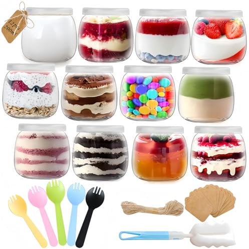 Rliocvhe 12 Pots de Yaourt en Verre avec Couvercles, 200ml Pot Yaourt en Verre avec Couvercle, Petit Pots Vide pour pudding et yaourt, Pour Yaourtière Multicuiseur Thermomix, Cookéo Yaourt Maison