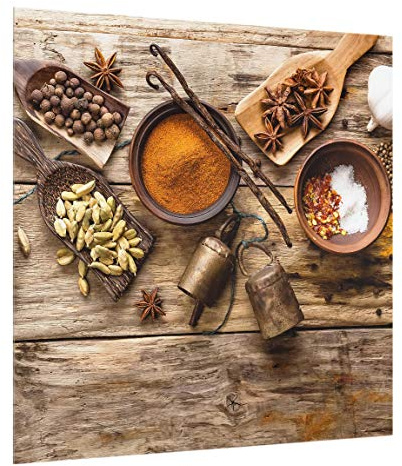 Fond de hotte en verre magnétique épaisseur 4mm culinaire crédence cuisine épices et herbes verre trempé panneau mural tableau magnétique effet bois style oriental cuisine cuisinière 2385 (60x59cm)