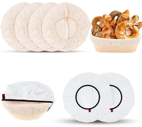 Mispudin 2 Bowl Covers for Bread Proofing & 4 Banneton Liners | 25cm Round Banneton Liner, 28cm Bread Proofing Cover, Elastic Edge Design, Reusable, for Sourdough Proving Basket