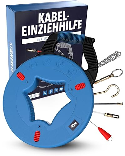 Einziehspirale 50 m – Fiberglas Kabeleinziehhilfe mit Kupferkopf & 5 Zubehörteilen – Kabel Einzugshilfe für Leerrohr, Elektro & Glasfaser – Zugdraht Orange, Griff Schwarz