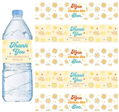 kreat4joy Sun Baby Shower Decoration Boy, 52pcs Here Comes the Son Thank you for celebrating with Us Water Bottle Label Sun Sunshine Water Bottle Sticker for A Little Ray is Almost Here Gender Reveal