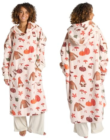 OHS Extra Long Hoodie Blanket, Halloween Gifts for Women Pumpkin Autumn Print Soft Sherpa Fleece Warm Cosy Oversized Wearable Blanket with Pockets Sleeves Giant Sweatshirt for Women Adult Men, Beige
