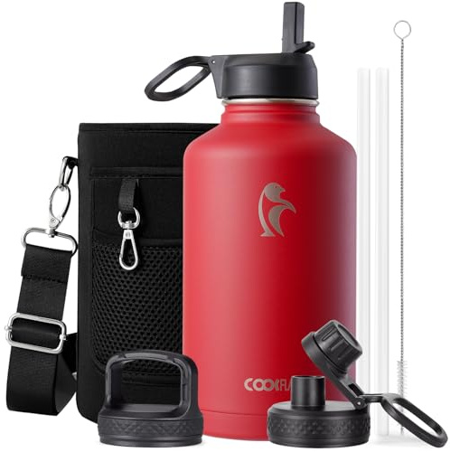 Coolflask Water Bottle 2L Insulated with Straw & 3 Leakproof Lids | Stainless Steel Water bottles Large Triple-Wall, Cold 48+h/Hot 24+h Dishwasher Safe, BPA-Free, for Sports Gym & Hiking