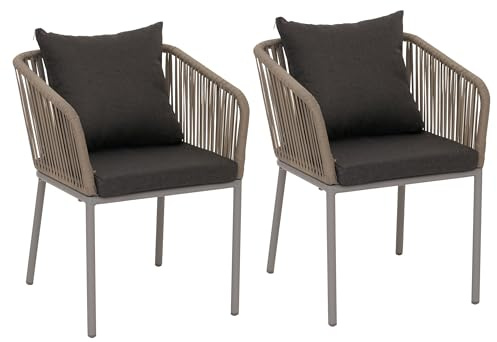 PROREGAL 2er-Set Gartenstuhl HxBxT 75x55x55cm Sitzhöhe 48cm wetterfest Aluminium Seilgeflecht Rope Grau Outdoor Armlehne