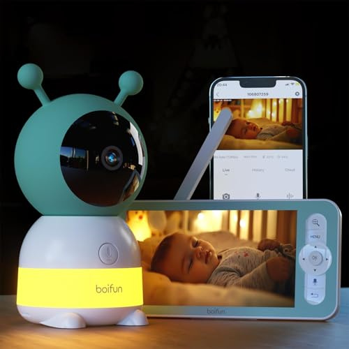 BOIFUN 2K WLAN-Babyphone mit Kamera, Nachtlicht, App-Steuerung | 5-Zoll-Monitor, IR Nachtsicht, 360° Kamera, Weinen/Bewegungs/Geräuscherkennung, Bewegungsverfolgung, Temp&Feuchteerfassung
