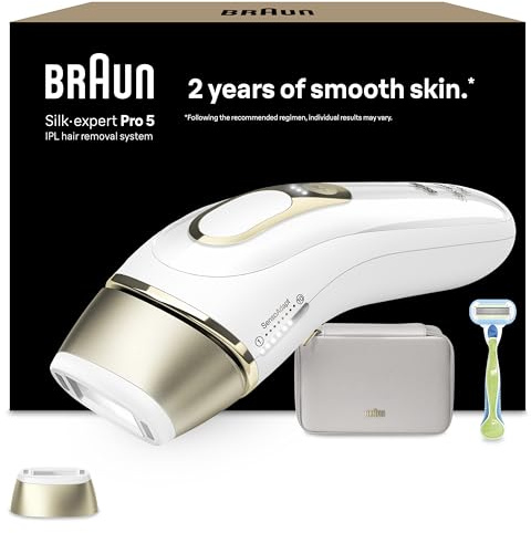 Braun IPL Silk-Expert Pro 5, at Home Hair Removal, White/Gold, PL5052 | Alternative for Laser Hair Removal, Includes Pouch and Gillette Venus Razor, 2 Years of Smooth Skin, Gift for Women