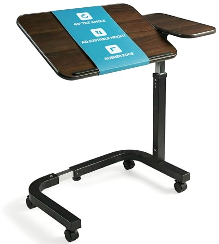 EazyMobility Eazy Overbed Table with Wheels U Shaped Base Height Adjustable Gas Lever Extra Wide Base Tilting Wood Top Heavy Duty Carbon Steel for Elderly Care Recovery Disabled and Home Use