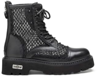 Cult Stivali Combat Donna con Borchie, Nero, Pelle Sintetica, Suola Carrarmato, Chiusura con Lacci e Cerniera, Taglia 39, Stile Rock Militare