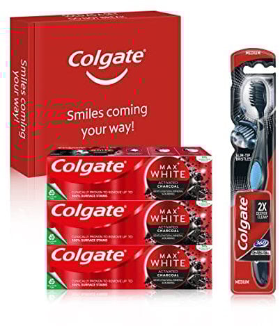 Colgate Max White Charcoal Teeth Whitening and Deep Clean Toothpaste & Toothbrush Bundle Kit, 3x75ml Toothpaste Multipack & 1 Pack Toothbrush