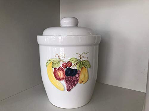 Ms-Steinzeug Rumtopf, Gärtopf 7 Ltr. mit Obstrelief handbemalt