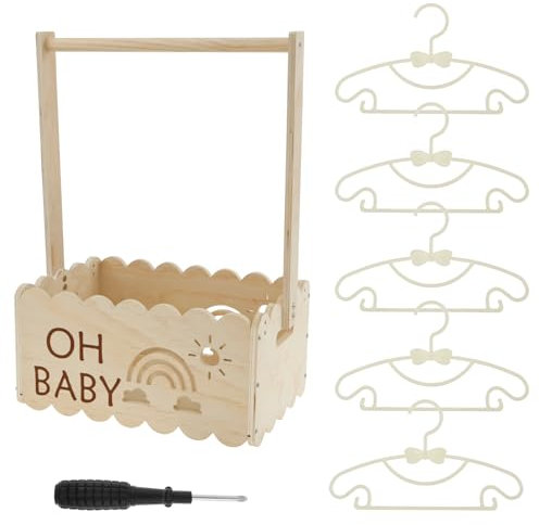 Holz Baby Geschenk Korb mit Griff und 5 Kleiderbügel Holz Babyparty Schrank 34x22,8x17,5cm Babykorb Geschenk Holzkiste für Babyparty Geburtstag Weihnachten