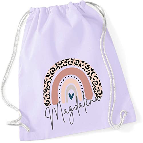 Turnbeutel mit Namen Leo-Print | Motiv Regenbogen in rosa | Stoffbeutel zum Zuziehen als Rucksack für Mädchen (pastelllila)