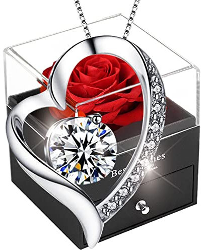 SWEETIME Rose eternelle avec Bijoux Argent 925,Collier Femme boîte de roses,Pendentif Coeur avec Rose Conservée,Stabilisée Rouge,Cadeau pour Elle la Noël,La Saint-Valentin,Fête des mères,Anniversaire