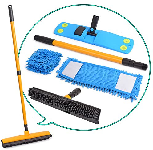 EJG Magic Pet Hair Remover, Rubber Broom & Squeegee & Mop, for Carpet Floor Cleaning, with Microfiber Dust Mop, Extendable, Silicone Bristles Long Handle Sweeper Household Hardwood Tiles Window