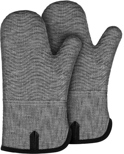 BONTHEE Ofenhandschuhe Topfhandschuhe Extra Lang Baumwolle kochhandschuhe mit Anti-Rutsch Silikon Gestreift backhandschuhe für Kochen Backen Grillen - 2er Set - Grau