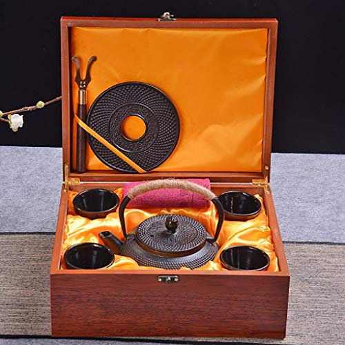 Théière en Fonte avec infuseur Amovible Bouilloire à thé Tetsubin de Style Japonais 0,9 L, Service à thé en Fonte avec 4 Tasses à thé, 1 Tapis de Pot, 1 Fourchette de Pot (Paquet Cadeau) (Taille : A)