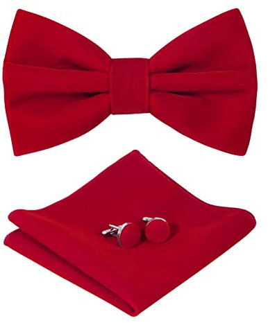 HOULIFE Fliege Herren Set - Verstellbare Fliege aus Samt Vorgebunden Fliege, einfarbige Einstecktuch, Manschettenknöpfe Set für Bräutigam Hochzeit formal mit Geschenkbox - Rot