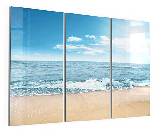 DEQORI Glasbilder Echtglas | Motiv Wellen am Strand | horizontal 3-teilig 150x100 cm | große XXL Deko | Wandbilder für Wohnzimmer, Schlafzimmer, Flur & Küche | moderne Wanddeko