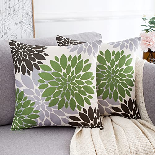 HomeStilez Leinen Kissenbezug Sofakissen 45x45 Moderne Blumen Dekokissen Kissenhülle Kissenbezüge Couchkissen Weich Sommer Herbst Zierkissenhülle für Sofa Wohnzimmer Büro 2er Set, Grün Braun und Grau